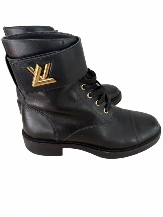 Louis Vuitton Black Leather Lace-Up Ankle Boots with Gold LV Emblem Size 38 - Picture 1 of 8